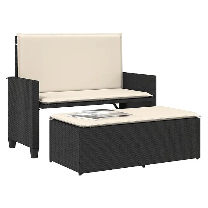 Furnicato Gartenbank - B x T x H: 55 x 55 x 97 cm, Schwarz - Dunkelbraunes Rattan-Gartenlounge-Set mit Zweisitzer-Sofa und passendem Hocker/Couchtisch, beide mit cremefarbenen Kissen.