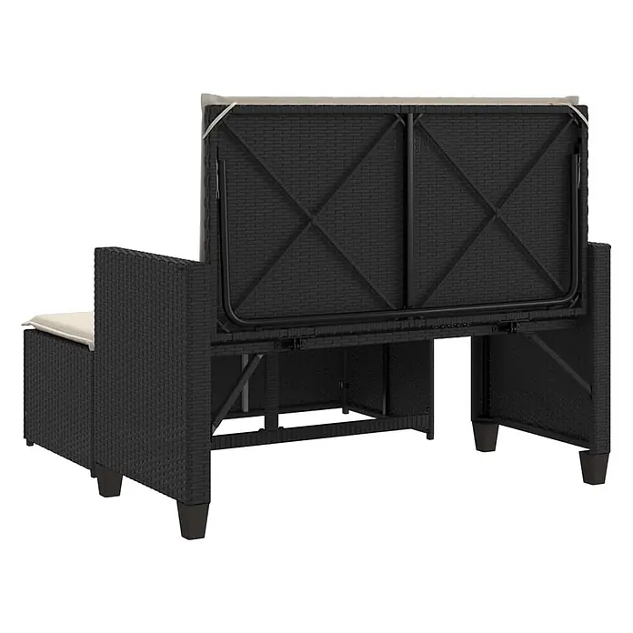 Furnicato Gartenbank - B x T x H: 55 x 55 x 97 cm, Schwarz - Schwarzes Rattan-Sofa mit beigen Kissen, hochgeklappter Rückenlehne zeigt Stauraum und Metallrahmen.