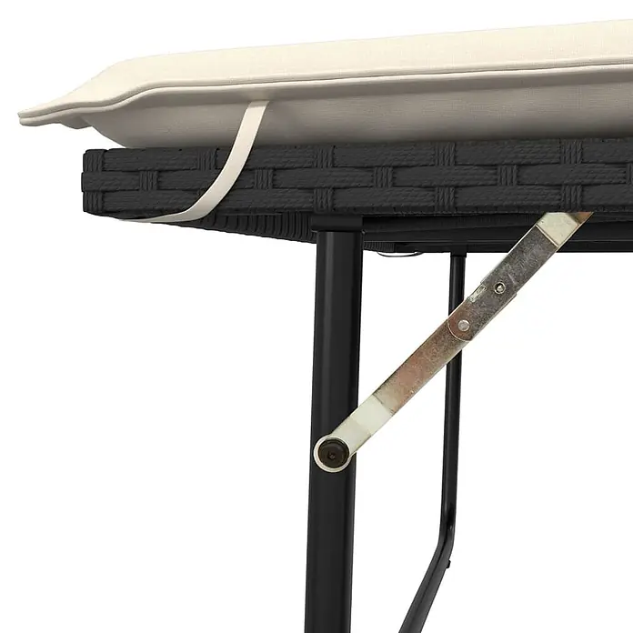 Furnicato Gartenbank - B x T x H: 55 x 55 x 97 cm, Schwarz - Beiges Kissen mit Halteband auf schwarzen, geflochtenen Gartenmöbeln mit Metallrahmen und Halterung.