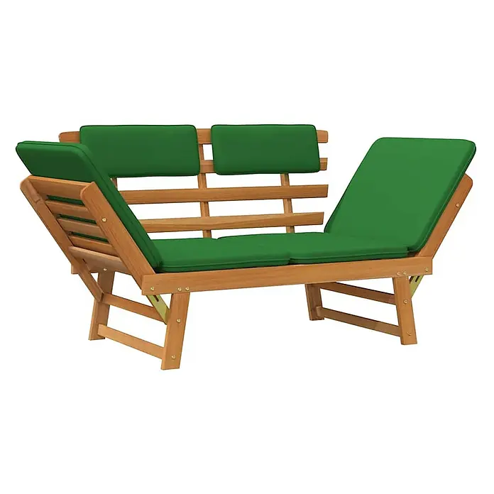 Furnicato Gartenbank Akazienholz Ölfinish - B x T x H: 190 x 68 x 74 cm, Braun und Grün - Verstellbare Gartenbank aus Holz mit grünen Polstern, eine Seite als Liege, die andere als Sitzbank.