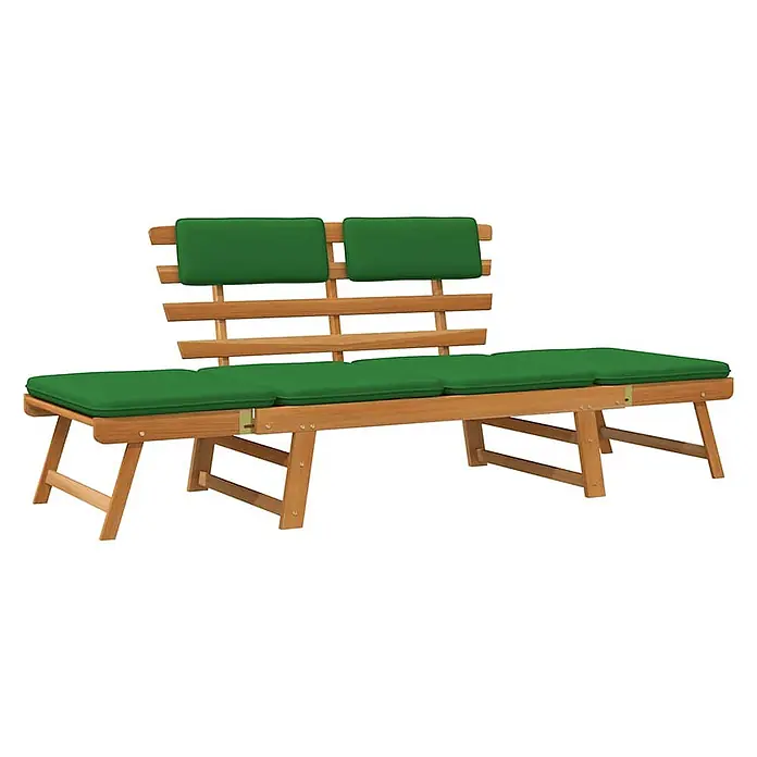 Furnicato Gartenbank Akazienholz Ölfinish - B x T x H: 190 x 68 x 74 cm, Braun und Grün - Verstellbare Gartenbank aus Holz mit grünen Polstern, als Sonnenliege ausgezogen.
