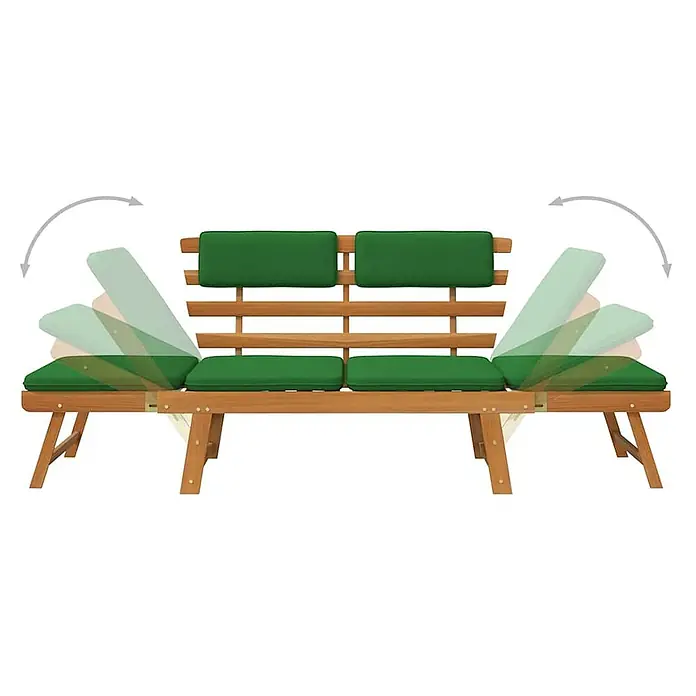 Furnicato Gartenbank Akazienholz Ölfinish - B x T x H: 190 x 68 x 74 cm, Braun und Grün - Gartenbank aus Holz mit grünen Kissen und verstellbaren Sitzenden, Umwandlung dargestellt.