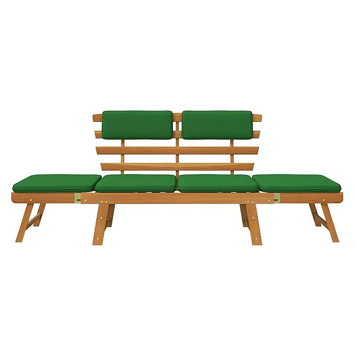 Furnicato Gartenbank Akazienholz Ölfinish - B x T x H: 190 x 68 x 74 cm, Braun und Grün - Lange Holzgartenbank mit grünen Sitzauflagen; zwei mittlere Abschnitte haben auch grüne Rückenlehnen.