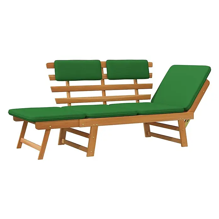 Furnicato Gartenbank Akazienholz Ölfinish - B x T x H: 190 x 68 x 74 cm, Braun und Grün - Verstellbare Gartenbank aus Holz mit grünen Auflagen und anpassbaren Sektionen.
