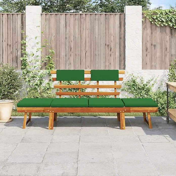 Furnicato Gartenbank Akazienholz Ölfinish - B x T x H: 190 x 68 x 74 cm, Braun und Grün - Holz Gartenbank mit grünen Kissen auf einer Terrasse, geeignet für Sitzgelegenheiten im Freien.