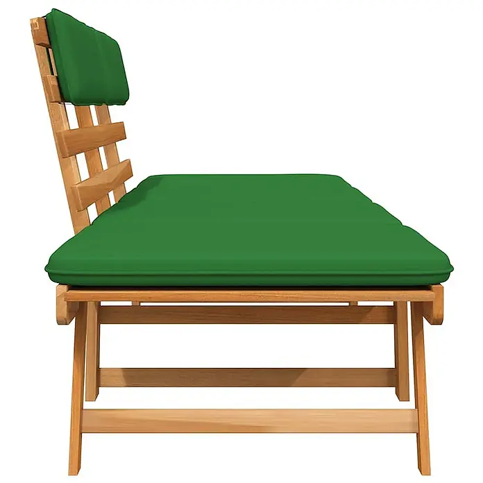 Furnicato Gartenbank Akazienholz Ölfinish - B x T x H: 190 x 68 x 74 cm, Braun und Grün - Seitenansicht einer Holzbank mit Lattenrückenlehne und dicken grünen Sitz- und Rückenpolstern.