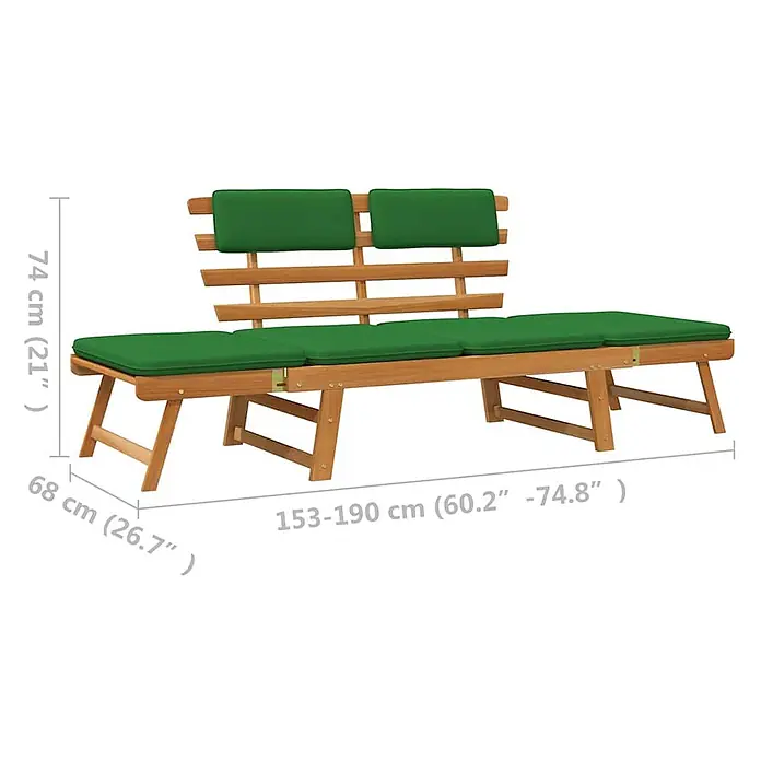 Furnicato Gartenbank Akazienholz Ölfinish - B x T x H: 190 x 68 x 74 cm, Braun und Grün - Verstellbare Holz-Gartenbank mit grünen Kissen, mit wandelbarem Design und Maßen.