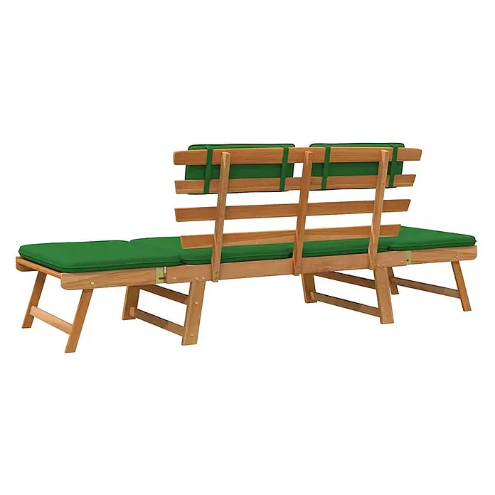Furnicato Gartenbank Akazienholz Ölfinish - B x T x H: 190 x 68 x 74 cm, Braun und Grün - Verstellbare Gartenbank aus Holz mit grünen Kissen.