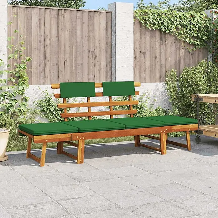 Furnicato Gartenbank Akazienholz Ölfinish - B x T x H: 190 x 68 x 74 cm, Braun und Grün - Hölzerne Gartenbank mit grünen Kissen auf einer Terrasse.