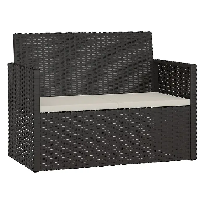 Furnicato Gartenbank - Schwarz - Dunkelbraune geflochtene Outdoor-Zweisitzerbank mit zwei hellbeigen Sitzkissen.