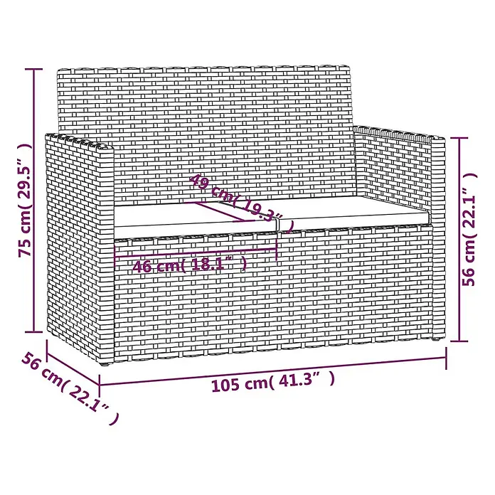 Furnicato Gartenbank - Schwarz - Diagramm eines geflochtenen Outdoor-Sofas mit Kissen, das seine Gesamtabmessungen zeigt.