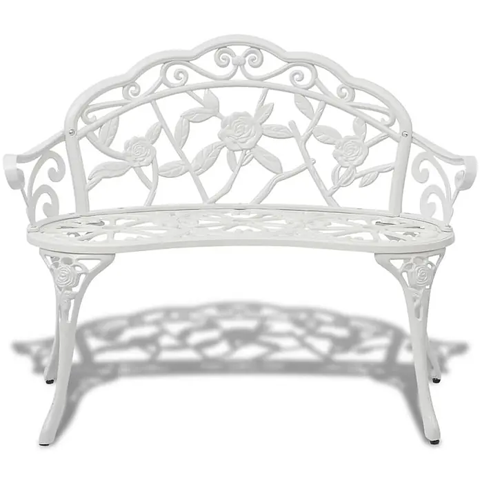 Furnicato Gartenbank Aluminiumguss - B x T x H: 54 x 100 x 80 cm, Weiß - Weiße verzierte Metall-Gartenbank mit Rosen- und Rankenmuster auf Rückenlehne und Sitzfläche.