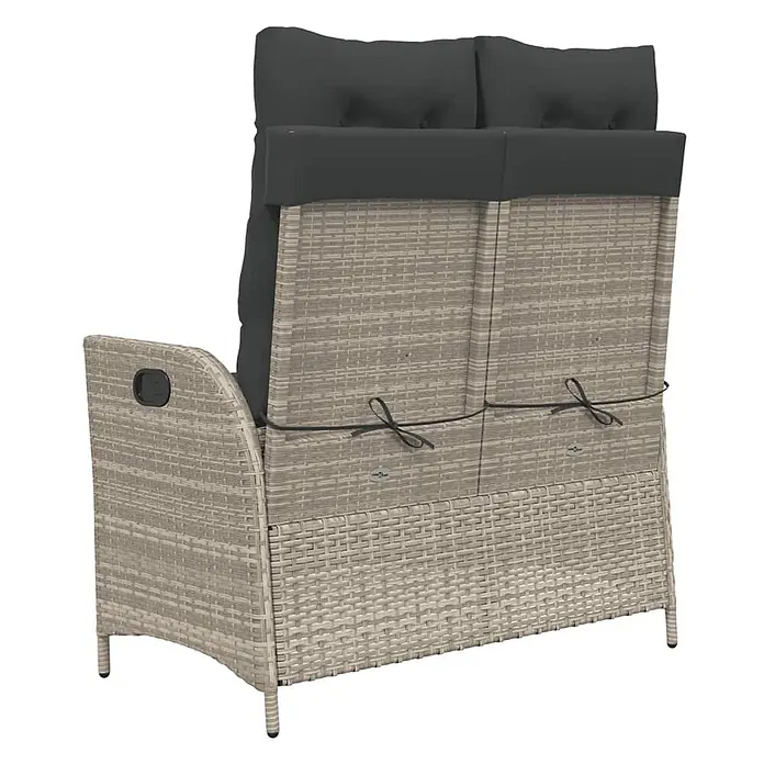 Furnicato Gartenbank - B x T x H: 59 x 86 x 93 cm, Hellgrau - Rückenansicht eines zweisitzigen hellgrauen Rattan-Gartensofas mit dunklen Polstern, mit Bändern befestigt.