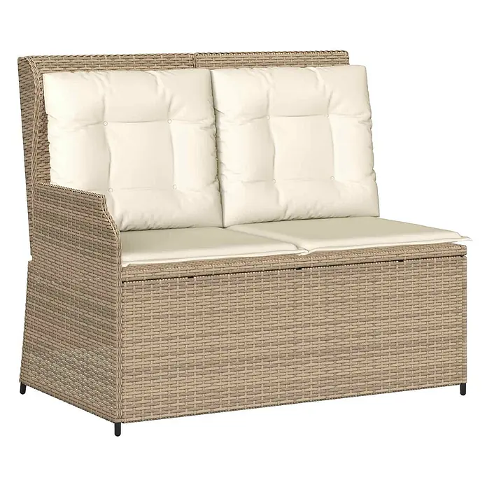 Furnicato Gartenbank Poly-Rattan - B x T x H: 108 x 110 x 95 cm, Beige und Cremeweiß - Beige Rattan-Zweisitzer-Gartenbank mit Stauraum und cremefarbenen Kissen.