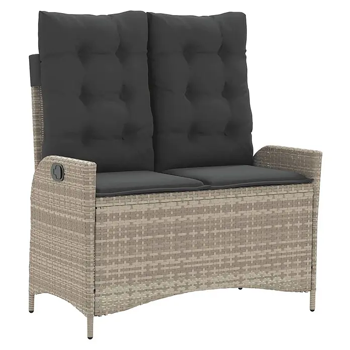 Furnicato Gartenbank - B x T x H: 59 x 86 x 93 cm, Hellgrau - Gartenbank aus hellgrauem Polyrattan für 2 Personen mit dunkelgrauen Kissen und Liegefunktion.