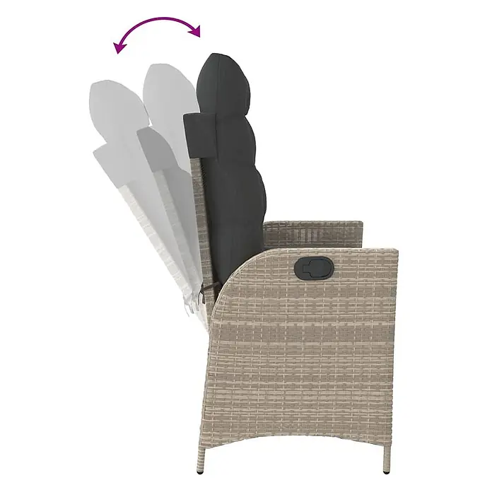Furnicato Gartenbank - B x T x H: 59 x 86 x 93 cm, Hellgrau - Hellbrauner Garten-Relaxsessel in Rattan-Optik mit dunkelgrauem Kissen, zeigt verstellbare Rückenlehne in verschiedenen Positionen.