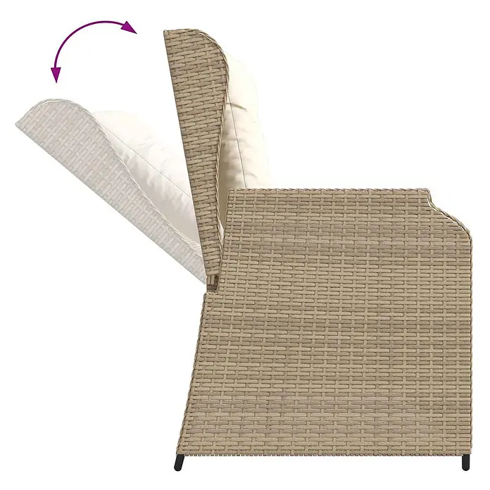 Furnicato Gartenbank Poly-Rattan - B x T x H: 108 x 110 x 95 cm, Beige und Cremeweiß - Hellbrauner Polyrattan-Sessel mit cremefarbenen Kissen und verstellbarer Rückenlehne, zurückgelehnt gezeigt.