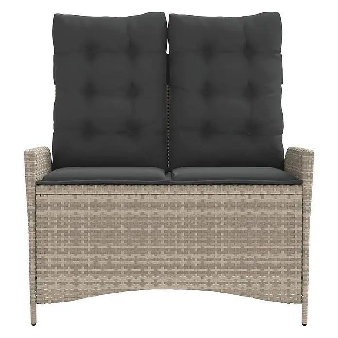 Furnicato Gartenbank - B x T x H: 59 x 86 x 93 cm, Hellgrau - Zweisitzige beigefarbene Gartenbank in Rattan-Optik mit dunkelgrauen Kissen.