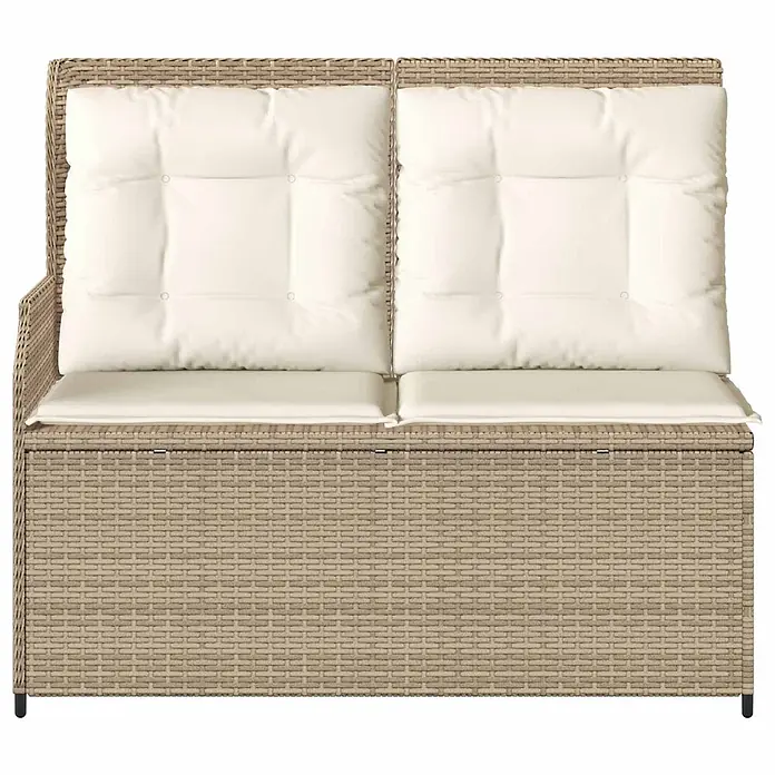 Furnicato Gartenbank Poly-Rattan - B x T x H: 108 x 110 x 95 cm, Beige und Cremeweiß - Zweisitzige hellbraune Rattan-Gartenbank mit cremefarbenen Kissen und integriertem Stauraum.