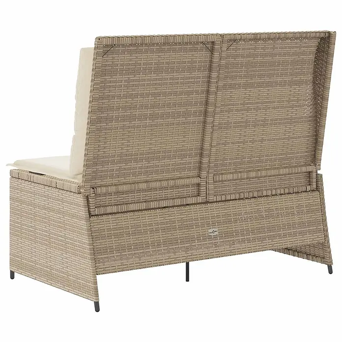 Furnicato Gartenbank Poly-Rattan - B x T x H: 108 x 110 x 95 cm, Beige und Cremeweiß - Zweisitziges Gartensofa aus beigem Polyrattan mit hellen Kissen, von hinten.