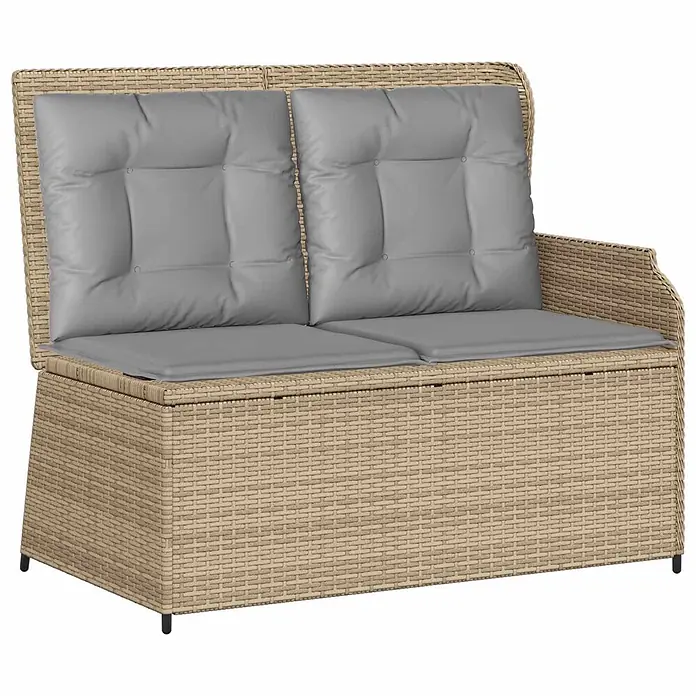 Furnicato Gartenbank Poly-Rattan - B x T x H: 67 x 110 x 95 cm, Beige und Grau - Helle Rattan-Optik Zweisitzer-Gartenbank mit grauen Sitz- und Rückenkissen, mit integriertem Stauraum.