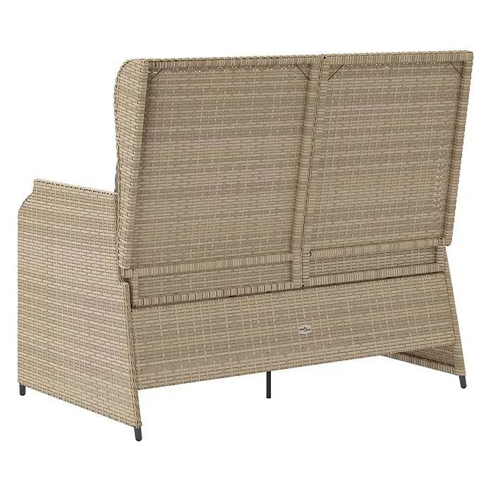 Furnicato Gartenbank Poly-Rattan - B x T x H: 67 x 110 x 95 cm, Beige und Grau - Hellbraunes Rattan-Optik Outdoor-Zweisitzer-Sofa mit hoher Rückenlehne, von hinten rechts gesehen.