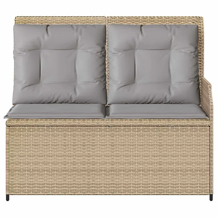 Furnicato Gartenbank Poly-Rattan - B x T x H: 67 x 110 x 95 cm, Beige und Grau - Hellbraune Rattan-Garten-Sitzbank mit Stauraum und grauen Kissen.