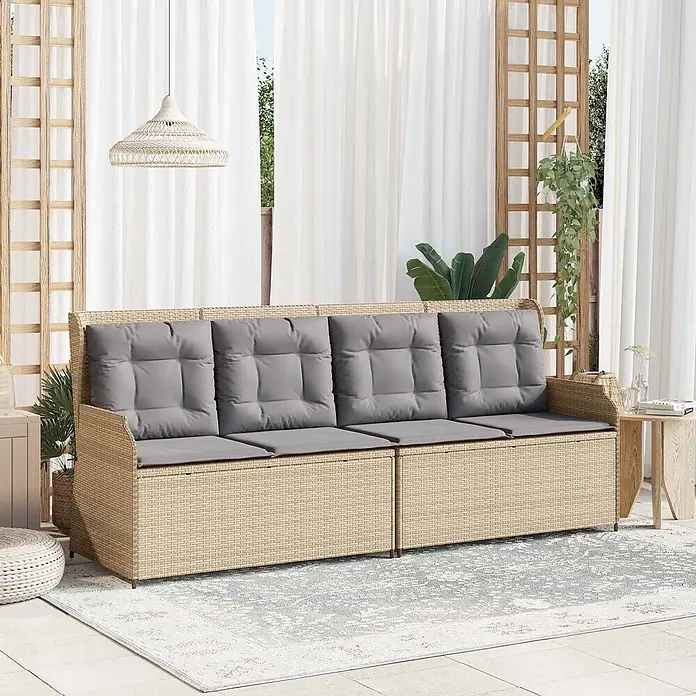 Furnicato Gartenbank Poly-Rattan - B x T x H: 67 x 110 x 95 cm, Beige und Grau - Langer, modularer, hellbeiger Rattansofa mit grauen Kissen, im Freien.
