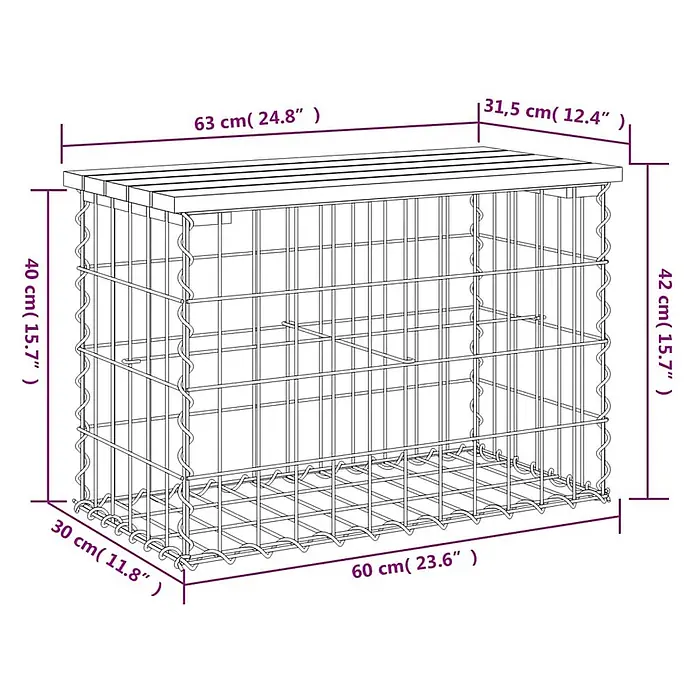 Furnicato Gartenbank Kiefernholz imprägniert - B x T x H: 63 x 31,5 x 42 cm, Imprägniertes Kiefernholz - Drahtgitter-Gabione mit Holzplatte, geeignet als Gartensitz oder Dekoration.
