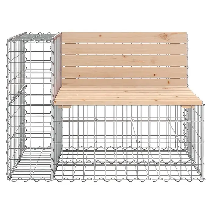 Furnicato Gartenbank Kiefernholz - B x T x H: 184 x 71 x 65,5 cm, Natürliche Kiefer - Eine L-förmige Gabionenbank mit Sitzfläche und Rückenlehne aus Naturholz und integrierter Seitenablage.