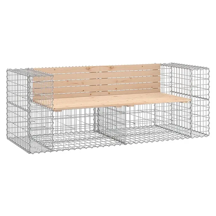 Furnicato Gartenbank Kiefernholz - B x T x H: 184 x 71 x 65,5 cm, Natürliche Kiefer - Gabionenbank mit silbernen Drahtkörben als Rahmen und hellen Holzlatten für Sitzfläche und Rückenlehne.