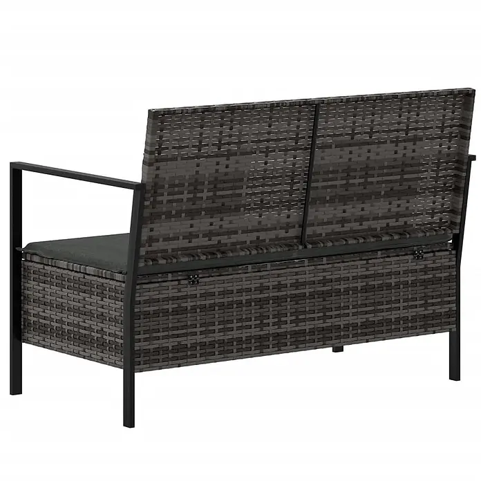 Furnicato Gartenbank - Grau - Graue Rattan-Gartenbank mit dunklen Kissen und schwarzem Metallrahmen, mit integriertem Stauraum.