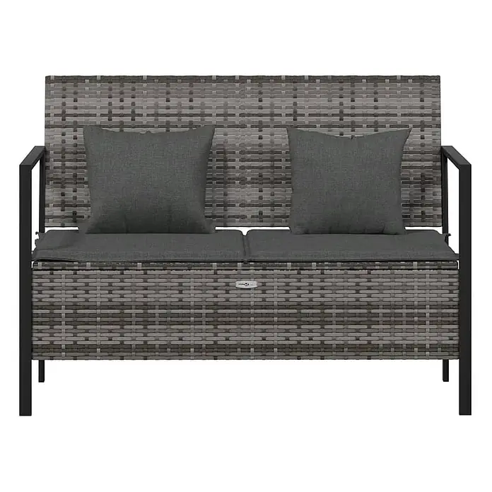 Furnicato Gartenbank - Grau - Graue Rattan-Sitzbank für den Außenbereich mit Stauraum und dunkelgrauen Kissen.