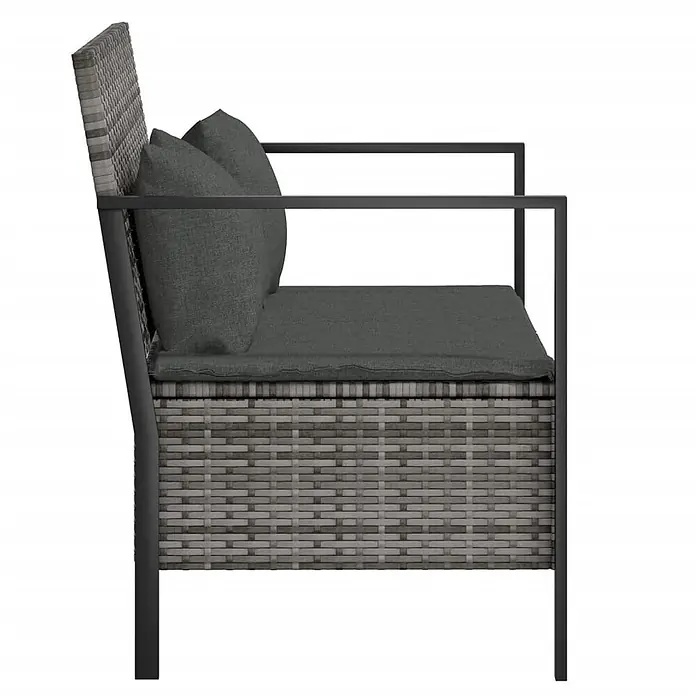 Furnicato Gartenbank - Grau - Seitenansicht eines grauen Rattan-Outdoor-Sofas mit dunkelgrauen Kissen und dunklem Metallrahmen.