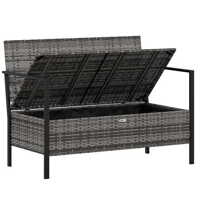 Furnicato Gartenbank - Grau - Graue Rattan-Sitzbank mit schwarzem Metallrahmen und offenem Deckel, zeigt schwarzes Innenfutter.