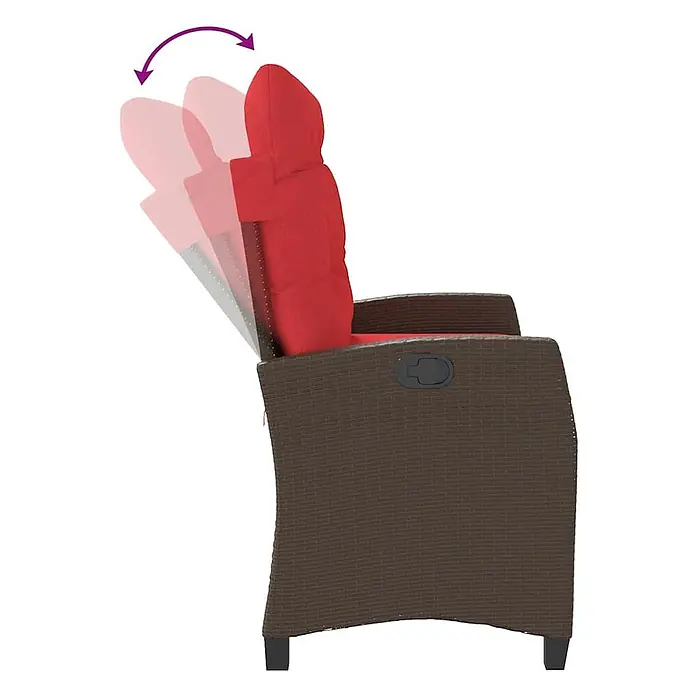 Furnicato Gartenbank - B x T x H: 105 x 90 x 93 cm, Braun - Brauner Rattan-Relaxstuhl mit roten Kissen, zeigt die Rückenlehne in Neigebewegung.