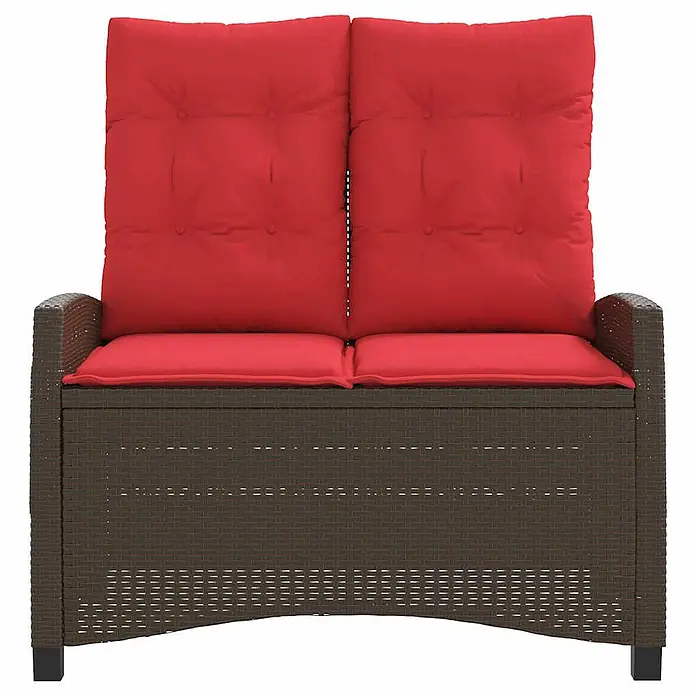 Furnicato Gartenbank - B x T x H: 105 x 90 x 93 cm, Braun - Braune Polyrattan 2-Sitzer Aufbewahrungsbank mit roten Kissen.