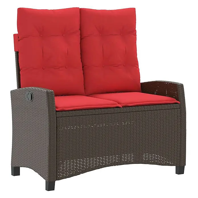 Furnicato Gartenbank - B x T x H: 105 x 90 x 93 cm, Braun - Dunkelbraune Rattan-Gartenbank für zwei Personen mit Stauraum und roten Kissen.