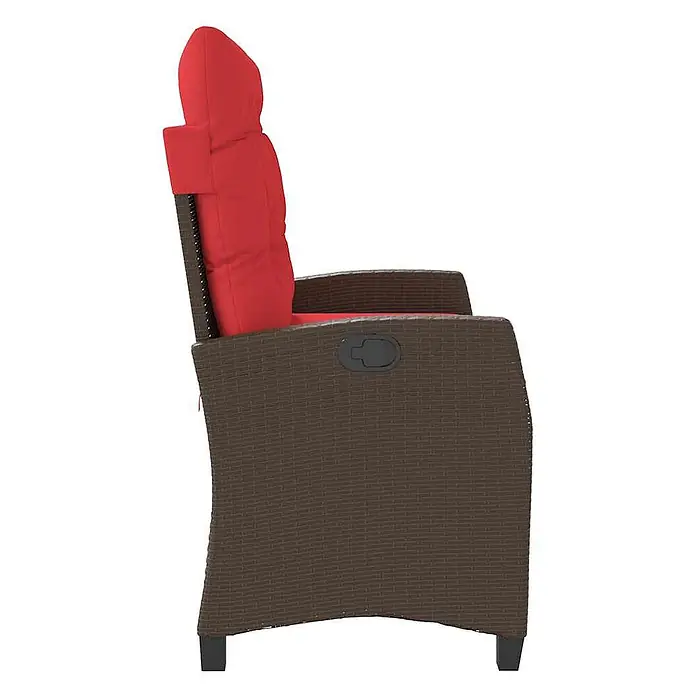 Furnicato Gartenbank - B x T x H: 105 x 90 x 93 cm, Braun - Seitenansicht eines braunen Rattan-Gartenliegestuhls mit plüschigen roten Polstern.