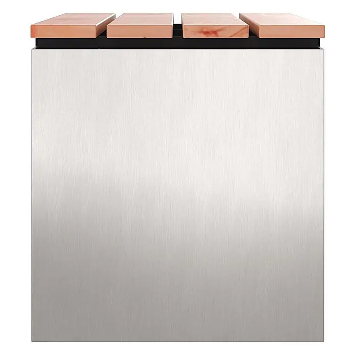 Furnicato Gartenbank Douglasienholz lackiert - B x T x H: 40 x 60 x 43 cm, Edelstahl - Bürsteter Edelstahl-Küchenhelferhalter mit vier Holzeinsätzen oben.
