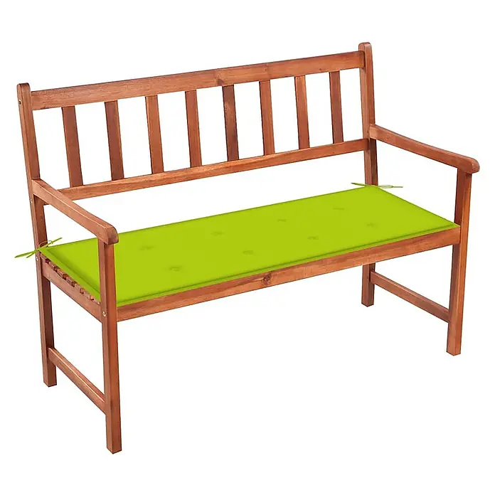 Furnicato Gartenbank Akazienholz geölt - B x T x H: 58 x 120 x 90 cm, Knallgrün - Holzgartenbank mit Armlehnen und einem hellgrünen Kissen.