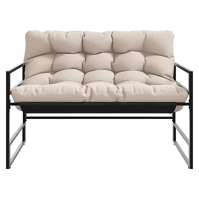 Furnicato Gartenbank - Taupe - Sessel mit schwarzem Metallrahmen und hellbeigen, getufteten Kissen.