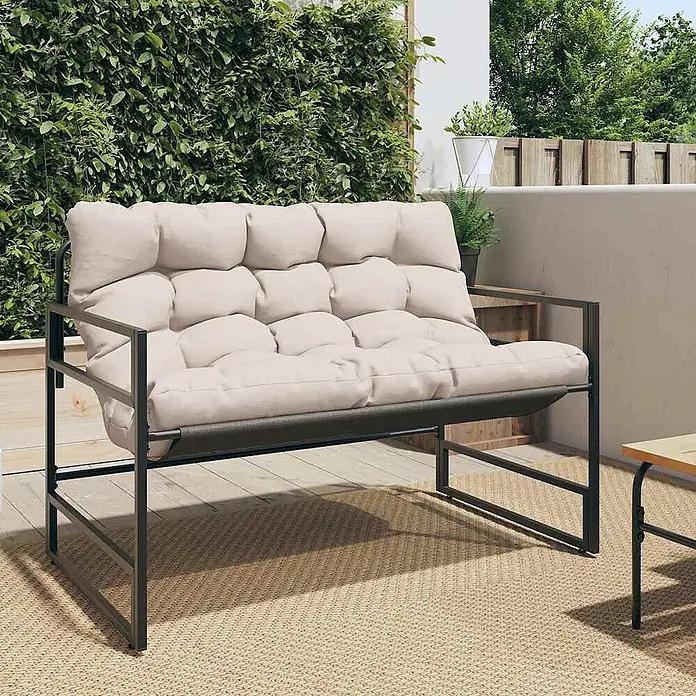 Furnicato Gartenbank - Taupe - Zweisitzer-Gartensofa mit hellbeigen Polstern und dunkelgrauem Metallrahmen.