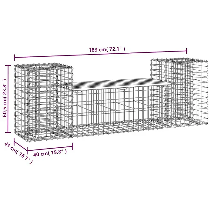 Furnicato Gartenbank Kiefernholz - B x T x H: 183 x 41 x 60,5 cm, Natürliche Kiefer - Gabionenbank aus Metallgitter mit Holzauflage, Maße angezeigt.