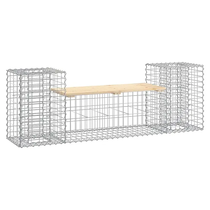 Furnicato Gartenbank Kiefernholz - B x T x H: 183 x 41 x 60,5 cm, Natürliche Kiefer - Gabionenbank mit einer hellen Holzauflage. Die Bank hat zwei Gabionenkäfige an den Enden, die die Holzfläche tragen.