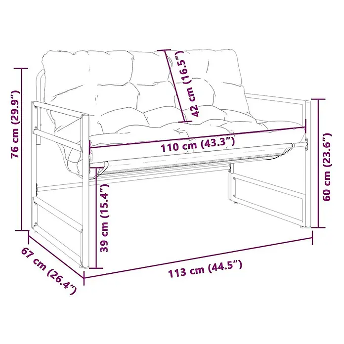 Furnicato Gartenbank - Taupe - Weißes Schlafsofa mit Metallrahmen und Kissen, mit Gesamt- und Einzelmaßen.