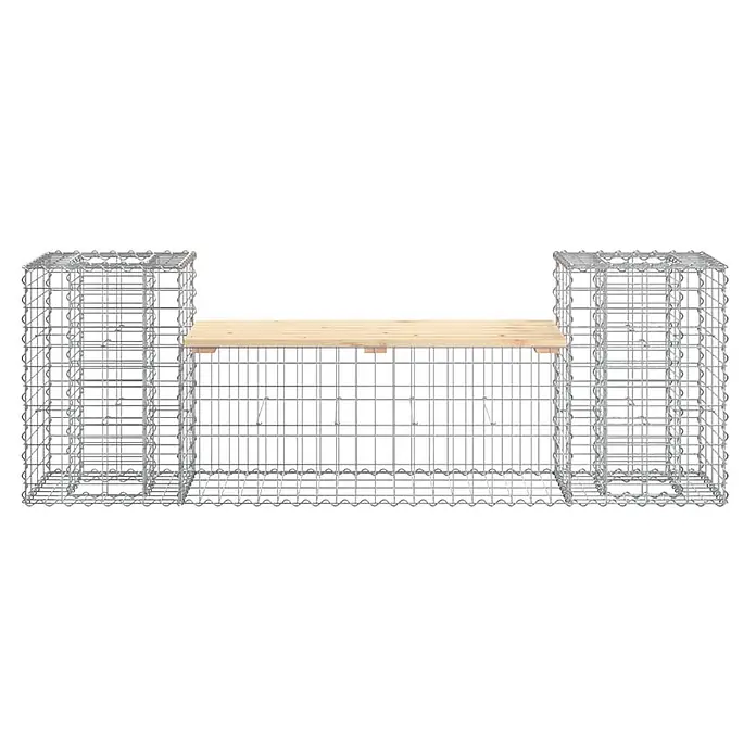 Furnicato Gartenbank Kiefernholz - B x T x H: 183 x 41 x 60,5 cm, Natürliche Kiefer - Gabionenbank mit Metallgitterbasis und heller Holzplatte.