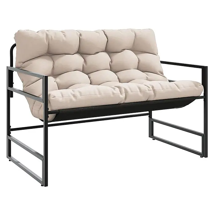 Furnicato Gartenbank - Taupe - Zweisitzer-Sofa mit cremefarbenen Polsterkissen, schwarzem Metallrahmen und schwarzem Stoff-Sling-Basis.