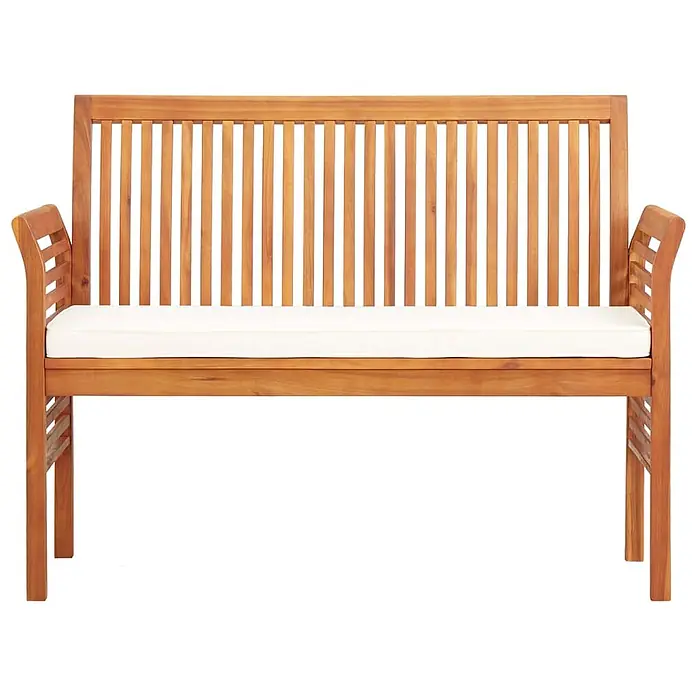 Furnicato Gartenbank Akazien-Massivholz geölt - B x T x H: 120 x 60 x 90 cm, Creme - Hellebraune Gartenbank aus Holzlatten mit Armlehnen und weißem Kissen.