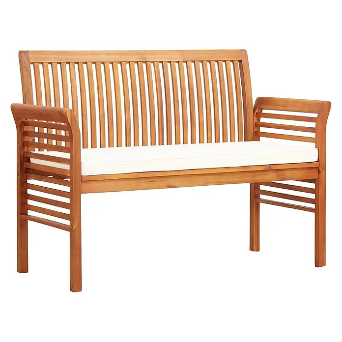 Furnicato Gartenbank Akazien-Massivholz geölt - B x T x H: 120 x 60 x 90 cm, Creme - Holzgartenbank mit Lattenrückenlehne, Armlehnen und weißem Kissen.